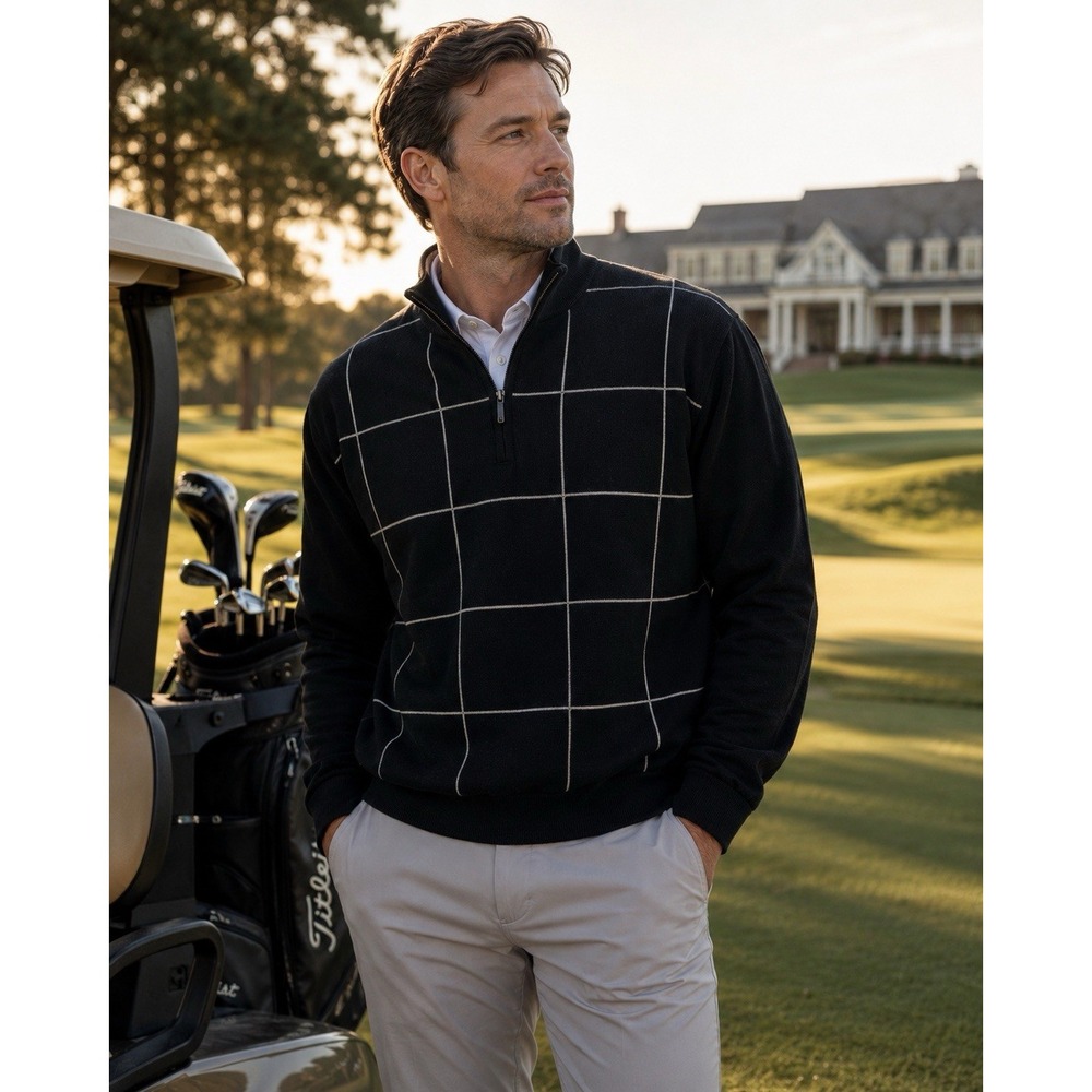 FootJoy 100% Wool Windproof Golf Jacket Men's Medium Black Windowpane 1/4 Zip